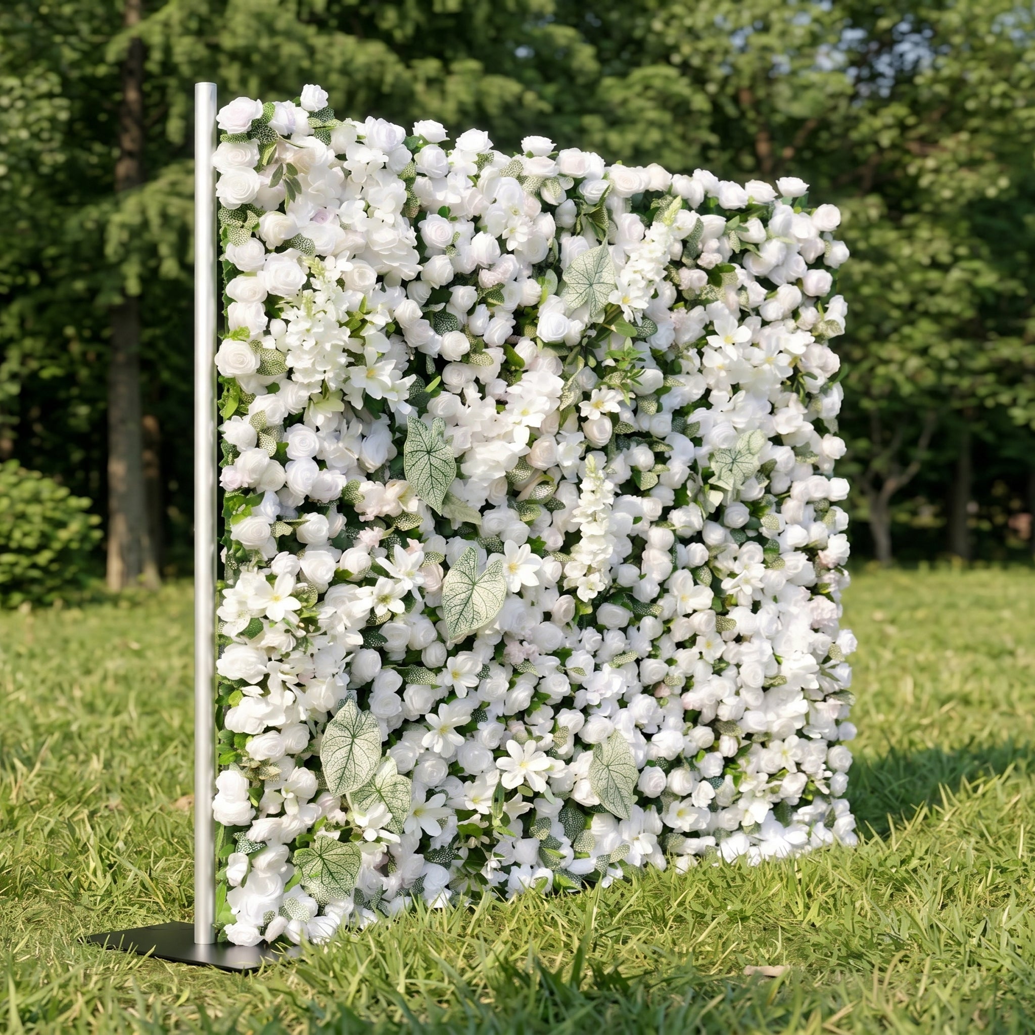 Reina 3D White Rose &amp; Greenery Flower Wall Fabric Artificial Zip Up Curtain Flower Wall For Wedding and Events Decoration