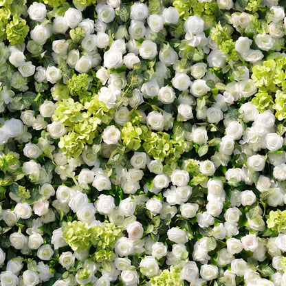 Talia 3D White &amp; Greenery Rose Flower Wall Fabric Artificial Zip Up Curtain Flower Wall For Wedding and Events Decoration