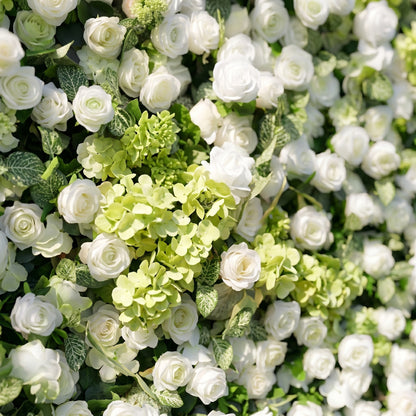 Talia 3D White &amp; Greenery Rose Flower Wall Fabric Artificial Zip Up Curtain Flower Wall For Wedding and Events Decoration