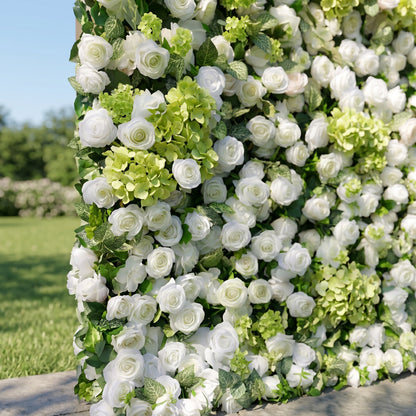 Talia 3D White &amp; Greenery Rose Flower Wall Fabric Artificial Zip Up Curtain Flower Wall For Wedding and Events Decoration
