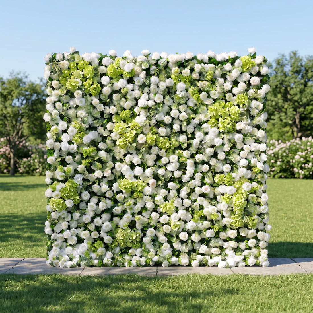 Talia 3D White &amp; Greenery Rose Flower Wall Fabric Artificial Zip Up Curtain Flower Wall For Wedding and Events Decoration