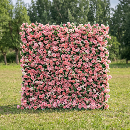 Thea 3D Light Red Rose Flower Wall Fabric Artificial Zip Up Curtain Flower Wall For Wedding and Events Decoration
