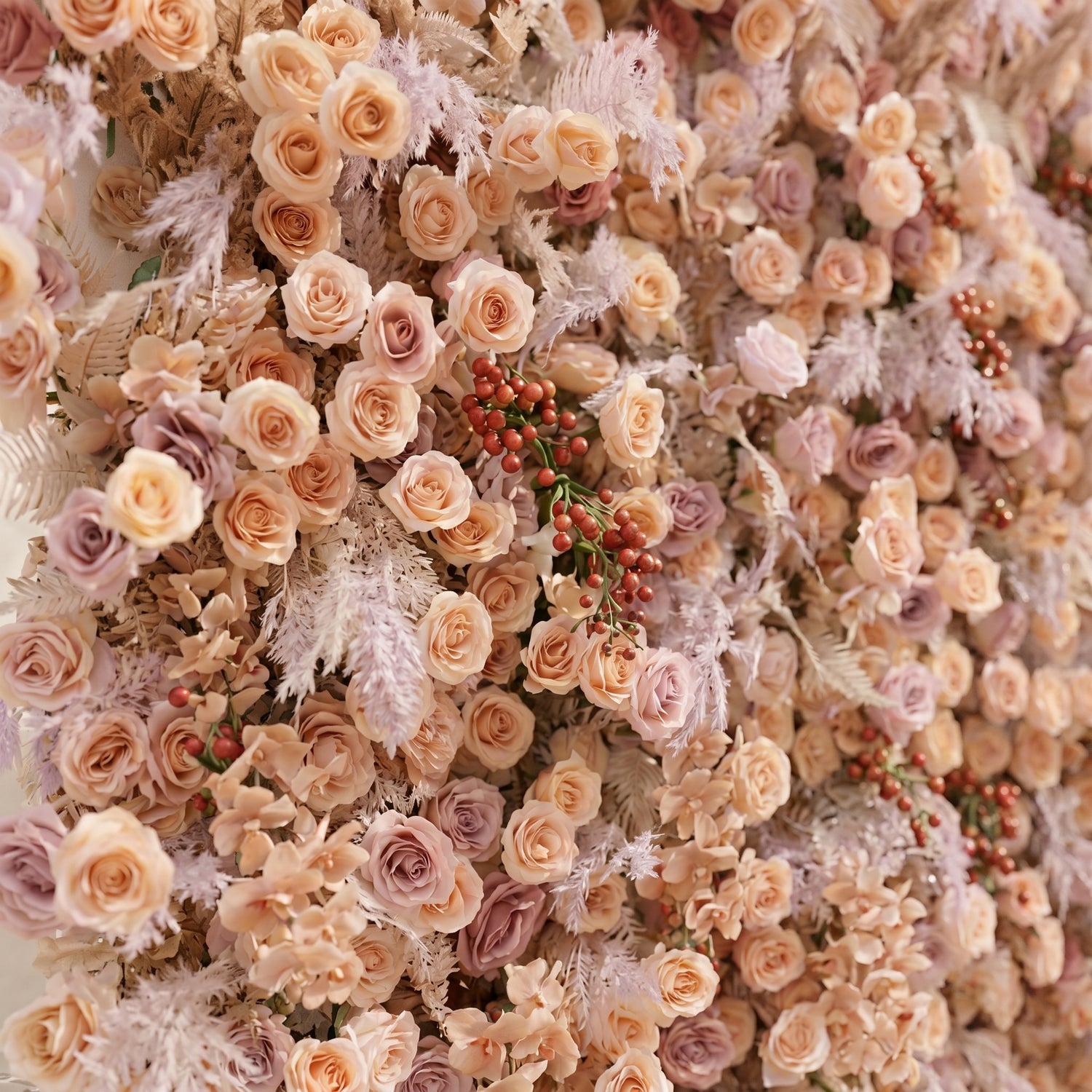 Rove Luxury 5D Champagne &amp; Peach Silk Rose Flower Wall with Autumn Berries for Romantic Manor Weddings