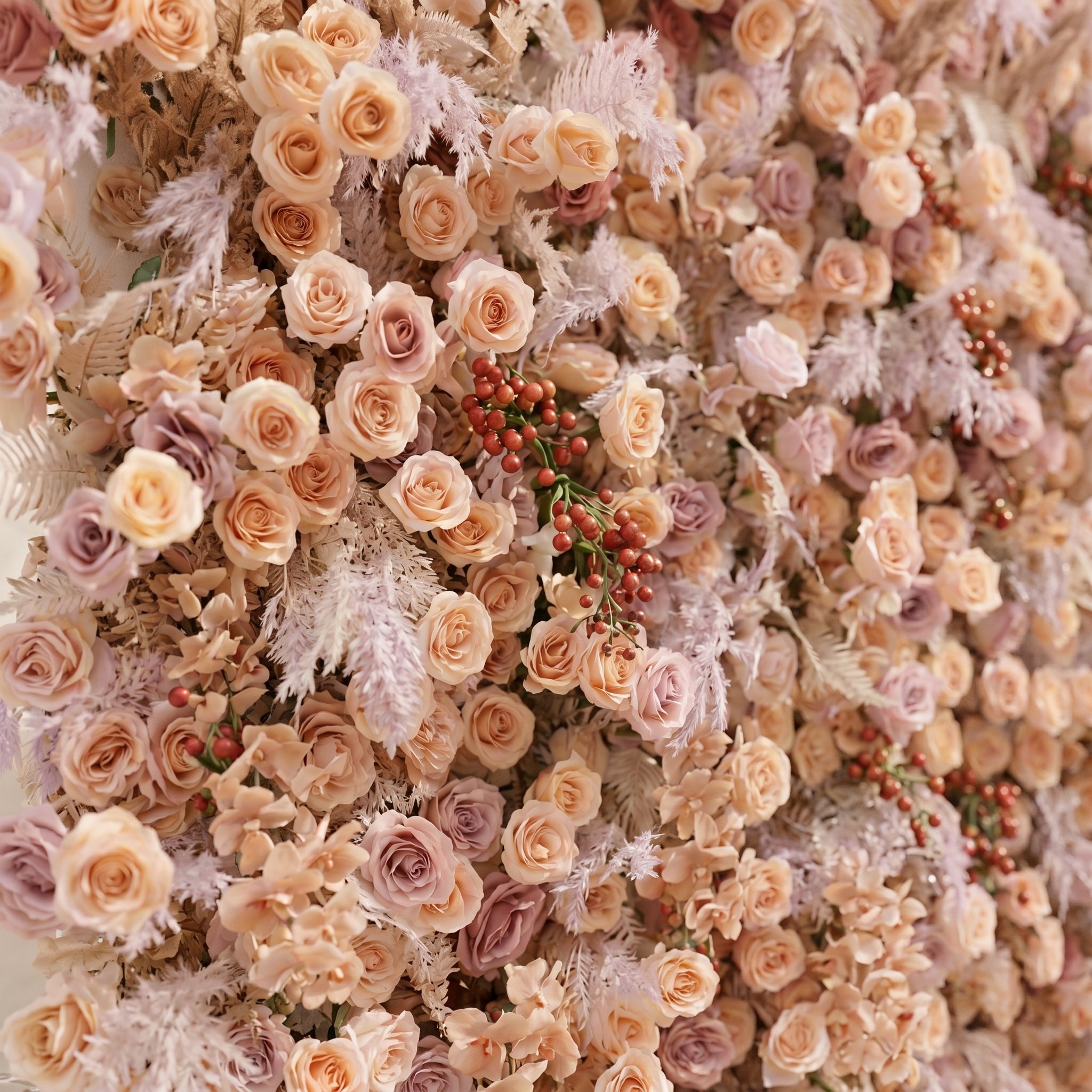 Rove Luxury 5D Champagne &amp; Peach Silk Rose Flower Wall with Autumn Berries for Romantic Manor Weddings