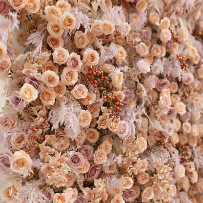 Rove Luxury 5D Champagne &amp; Peach Silk Rose Flower Wall with Autumn Berries for Romantic Manor Weddings