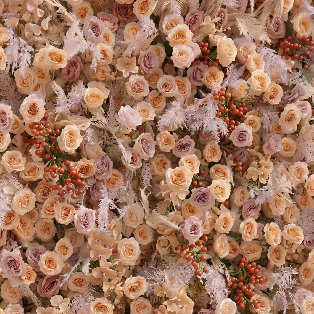 Rove Luxury 5D Champagne &amp; Peach Silk Rose Flower Wall with Autumn Berries for Romantic Manor Weddings