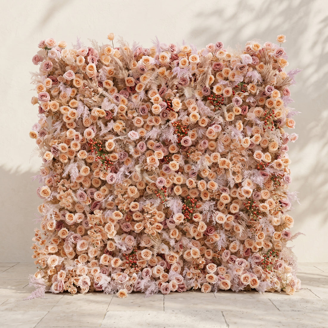 Rove Luxury 5D Champagne &amp; Peach Silk Rose Flower Wall with Autumn Berries for Romantic Manor Weddings