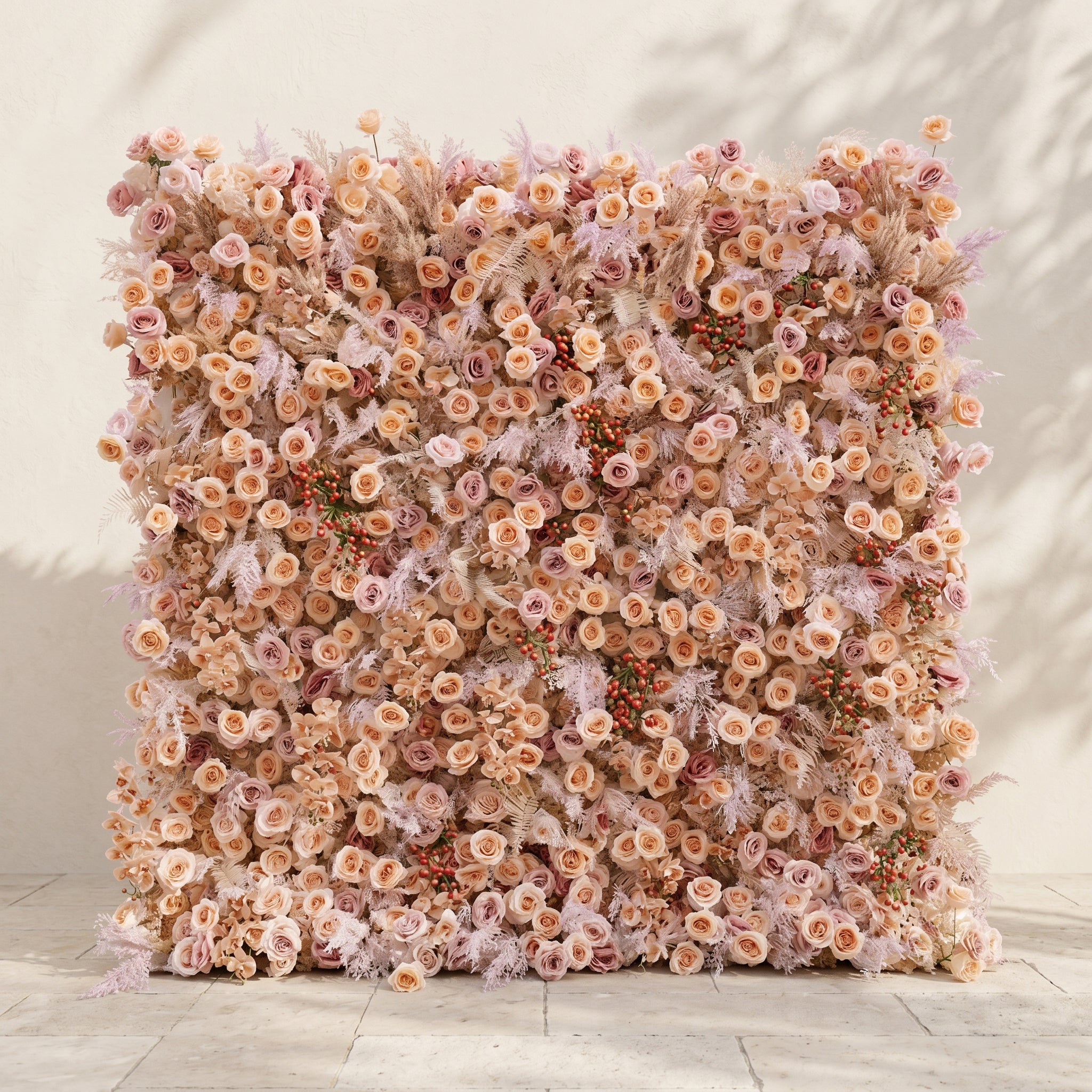 Rove Luxury 5D Champagne &amp; Peach Silk Rose Flower Wall with Autumn Berries for Romantic Manor Weddings