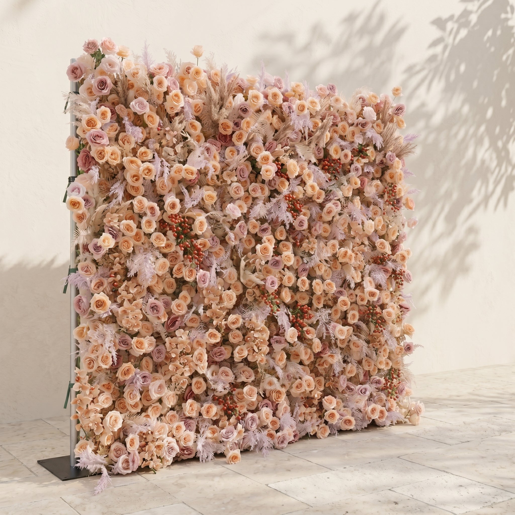 Rove Luxury 5D Champagne &amp; Peach Silk Rose Flower Wall with Autumn Berries for Romantic Manor Weddings