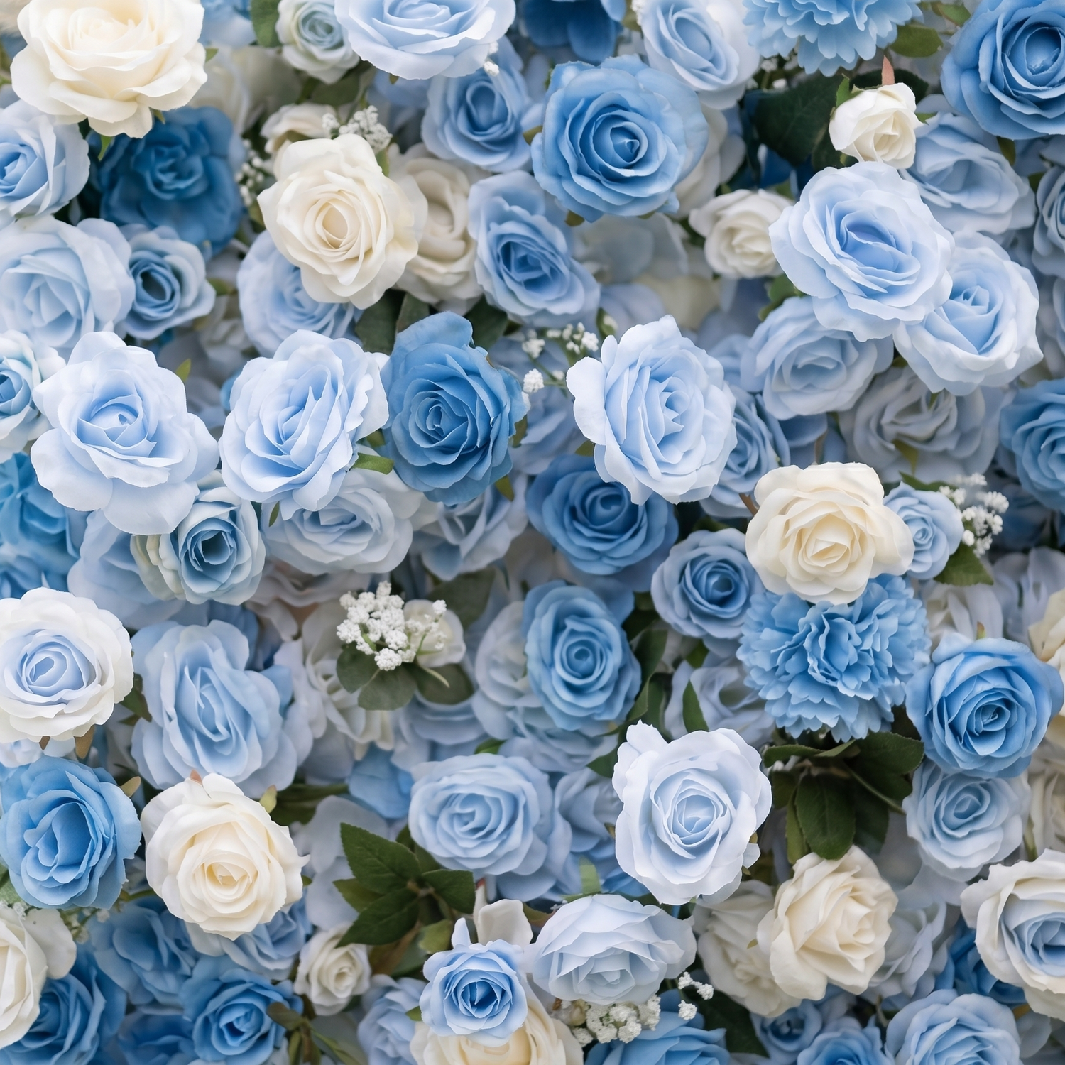 Zara 3D Blue &amp; White Rose Flower Wall Fabric Artificial Zip Up Curtain Flower Wall For Wedding and Events Decoration