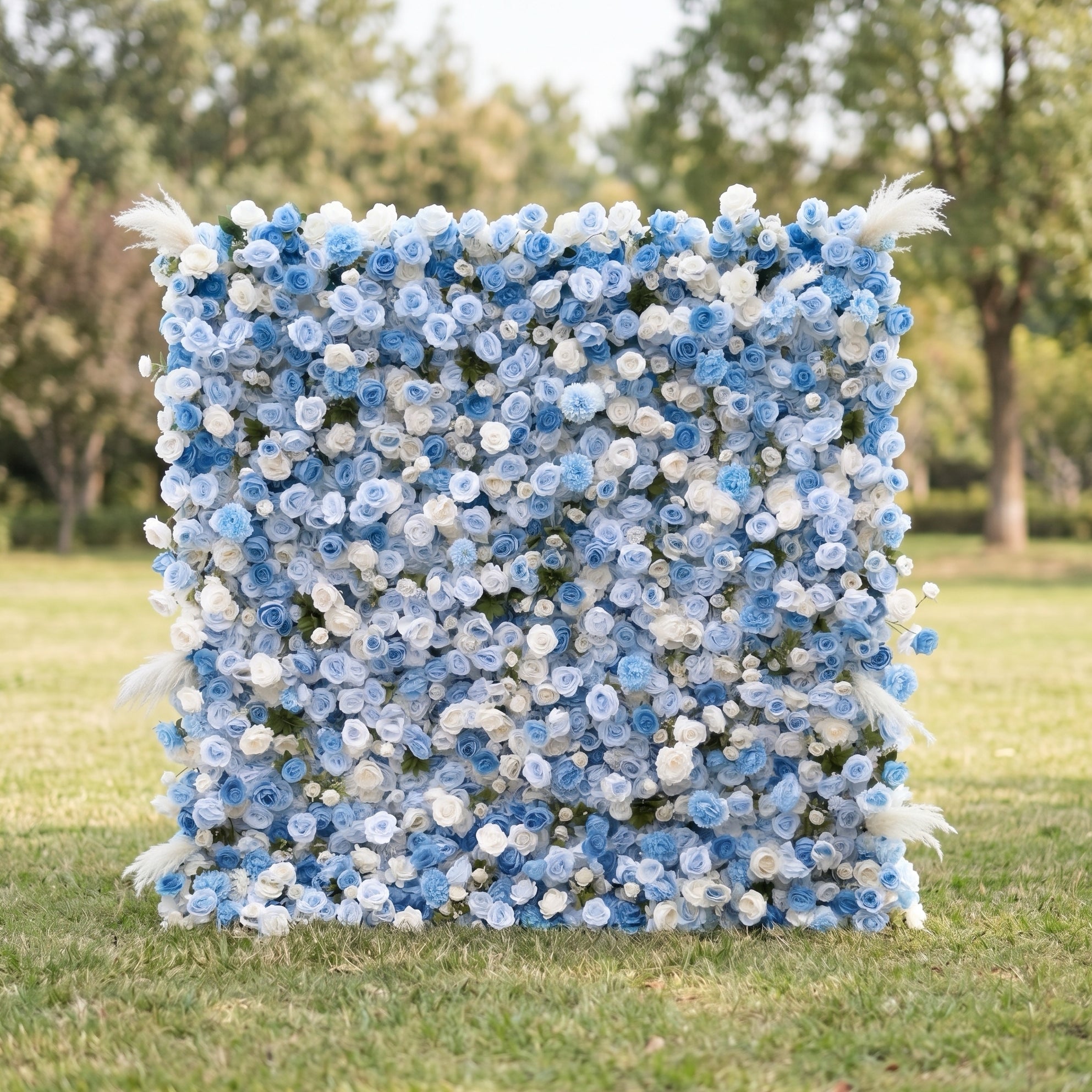 Zara 3D Blue &amp; White Rose Flower Wall Fabric Artificial Zip Up Curtain Flower Wall For Wedding and Events Decoration