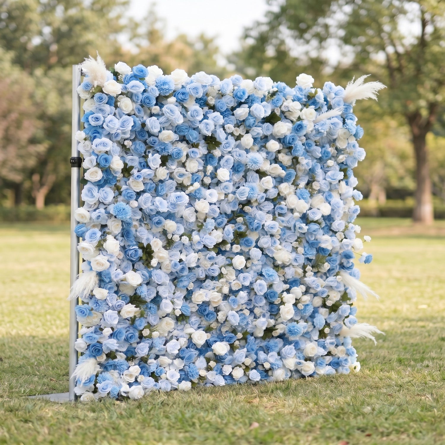 Zara 3D Blue &amp; White Rose Flower Wall Fabric Artificial Zip Up Curtain Flower Wall For Wedding and Events Decoration