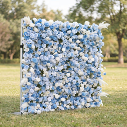 Zara 3D Blue &amp; White Rose Flower Wall Fabric Artificial Zip Up Curtain Flower Wall For Wedding and Events Decoration