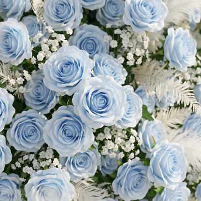 Mist Luxury 4D Dusty Blue Floral Wall with Greenery Roll-Up Backdrop for Serene Garden Weddings