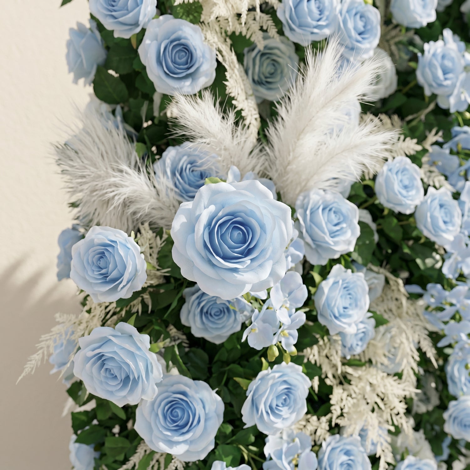 Mist Luxury 4D Dusty Blue Floral Wall with Greenery Roll-Up Backdrop for Serene Garden Weddings