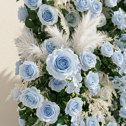 Mist Luxury 4D Dusty Blue Floral Wall with Greenery Roll-Up Backdrop for Serene Garden Weddings