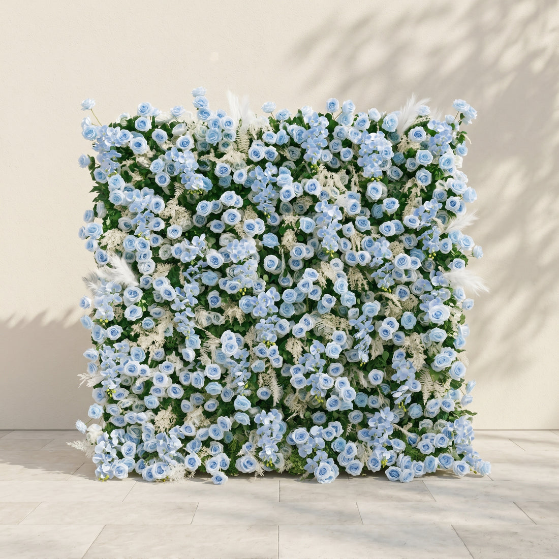 Mist Luxury 4D Dusty Blue Floral Wall with Greenery Roll-Up Backdrop for Serene Garden Weddings