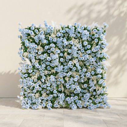 Mist Luxury 4D Dusty Blue Floral Wall with Greenery Roll-Up Backdrop for Serene Garden Weddings