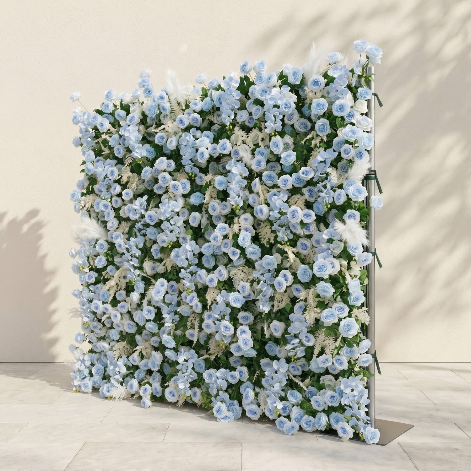 Mist Luxury 4D Dusty Blue Floral Wall with Greenery Roll-Up Backdrop for Serene Garden Weddings