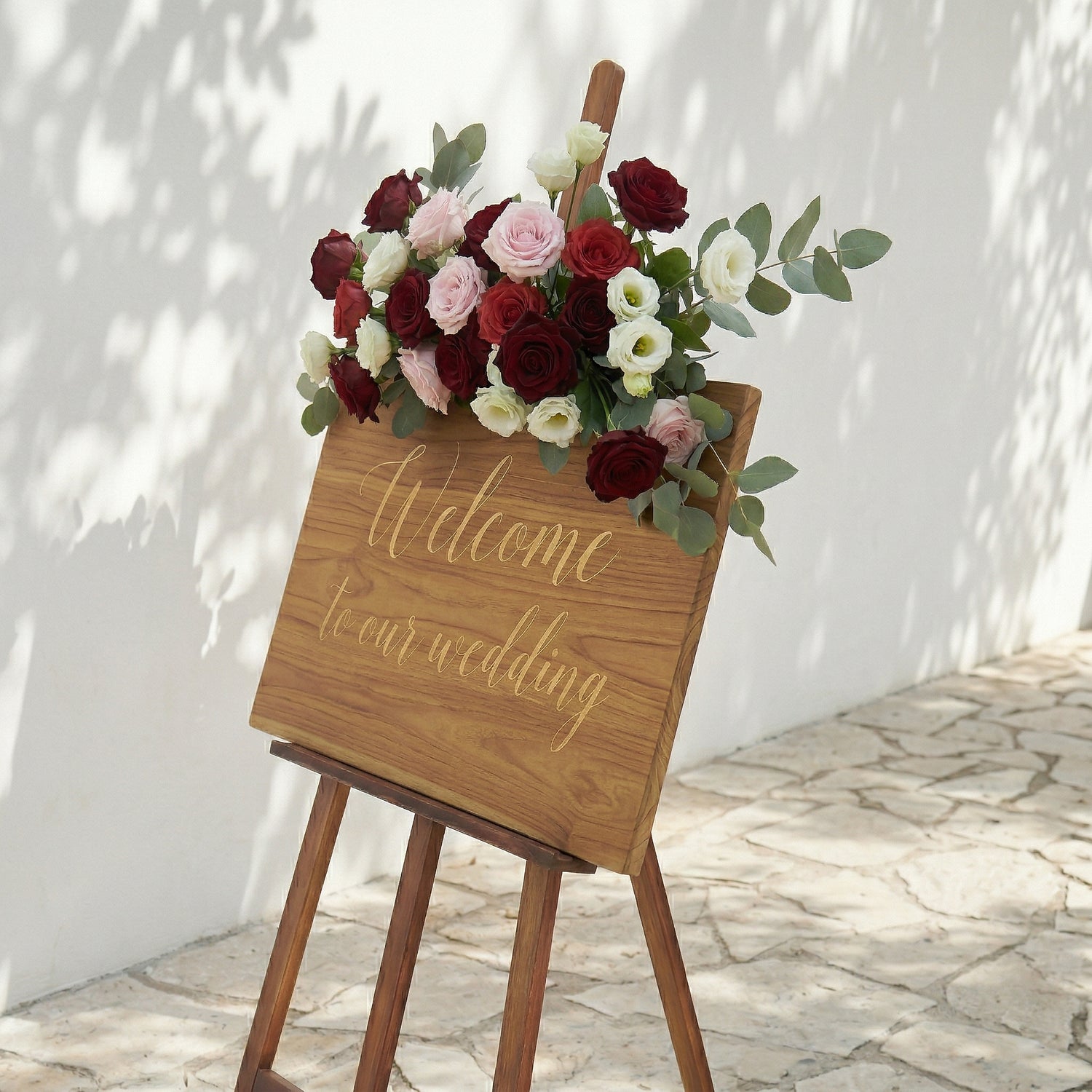 Red Pink White Rose &amp; Greenery Welcome Sign Flowers Wedding Entryway Decor Props