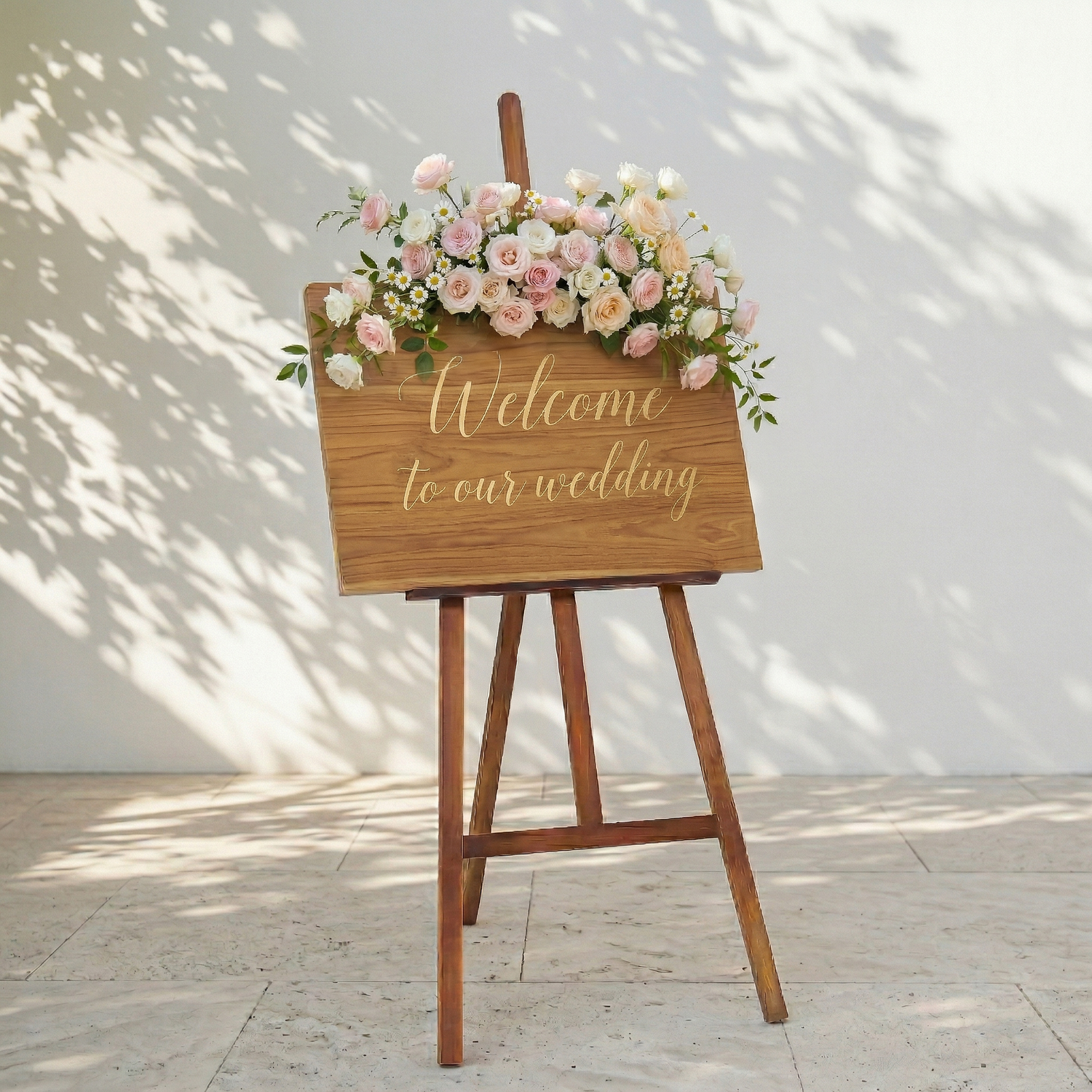 Pink White Champagne Rose &amp; Greenery Welcome Sign Flowers Wedding Entryway Decor Props