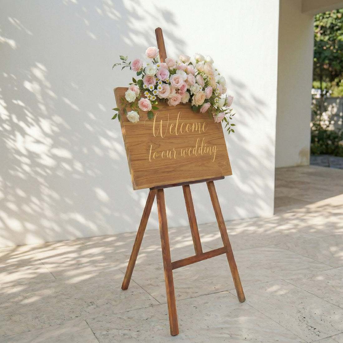 Pink White Champagne Rose &amp; Greenery Welcome Sign Flowers Wedding Entryway Decor Props