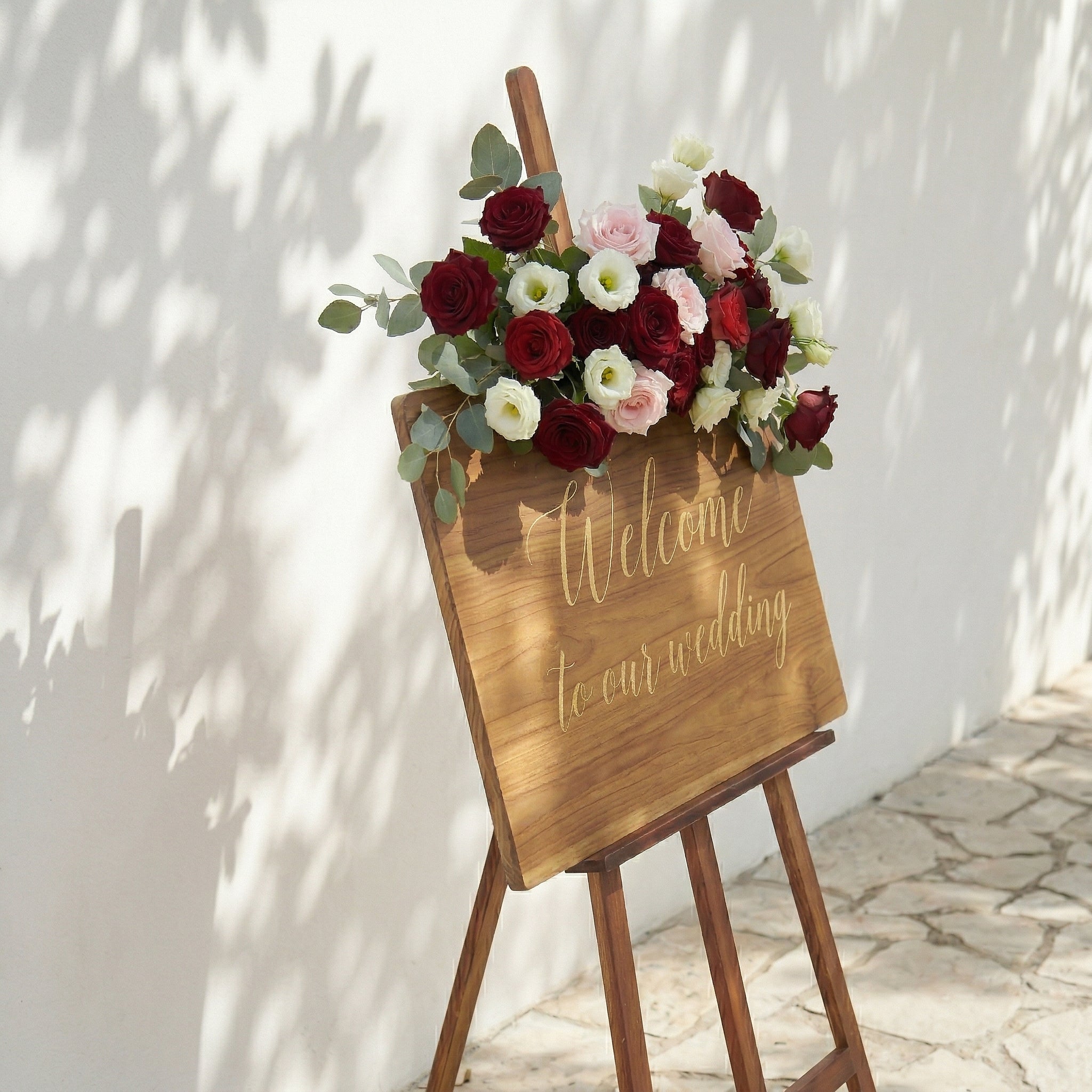 Red Pink White Rose &amp; Greenery Welcome Sign Flowers Wedding Entryway Decor Props