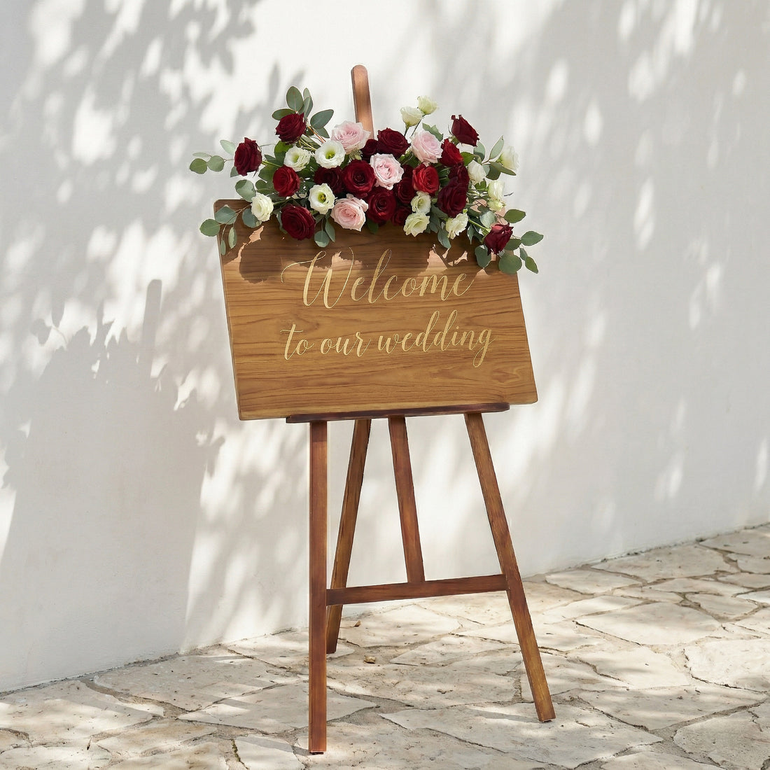 Red Pink White Rose &amp; Greenery Welcome Sign Flowers Wedding Entryway Decor Props